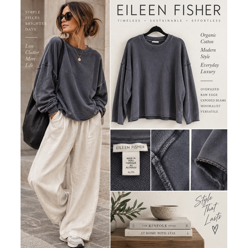 Eileen Fisher Organic Cotton Sweatshirt Oversized Raw Edge Lagenlook Pullover